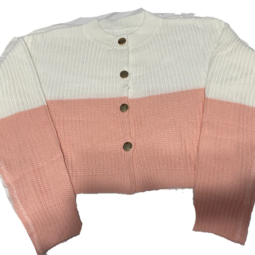 Color block crop cardigan sweater gold buttons, pink love knit cropped Valentine
